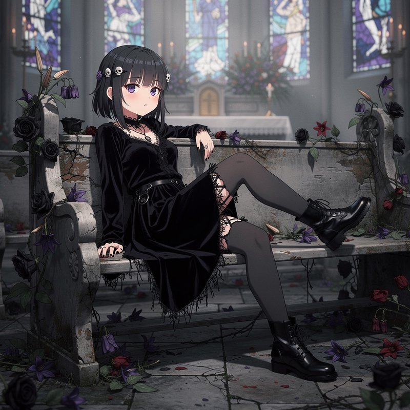 Goth anime girl in a black velvet dress sits on an overgrown pew inside an abandoned stained glass church