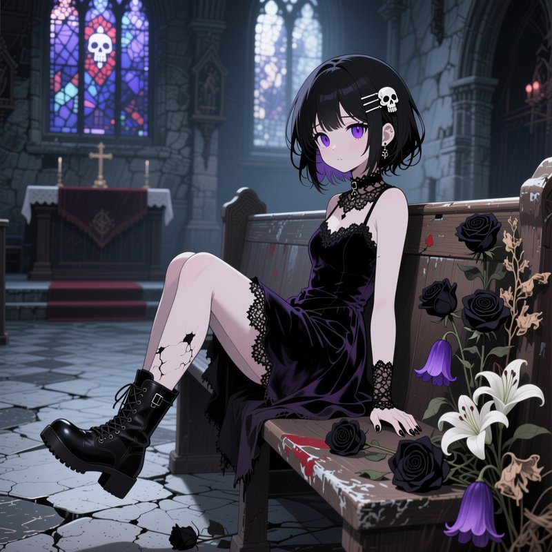 Anime goth girl with purple eyes sits on a weathered pew inside a gloomy gothic chapel