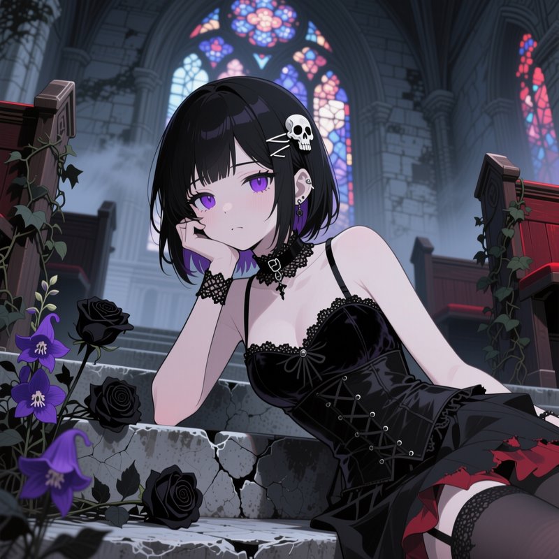 Gothic anime girl with purple eyes rests on crumbling cathedral steps beside black roses