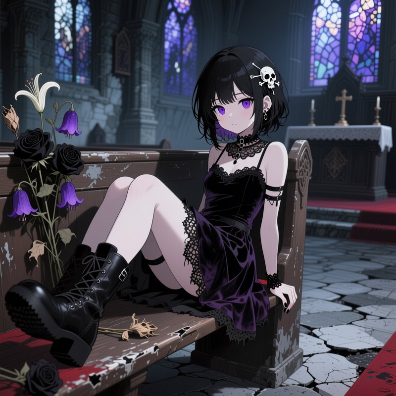 Goth anime girl with purple eyes sits on a weathered pew inside a dark gothic cathedral