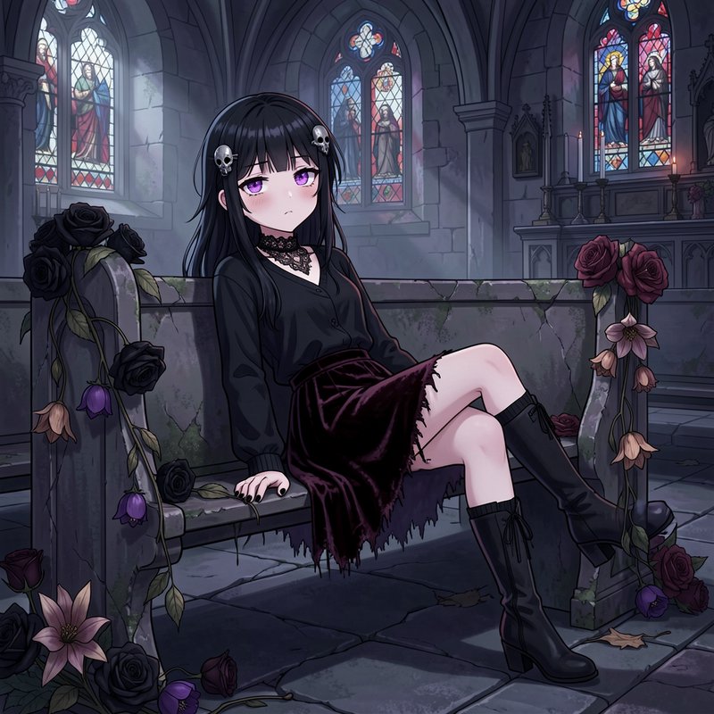 Goth anime girl with skull hair clips sits on a weathered stone pew inside a gothic church