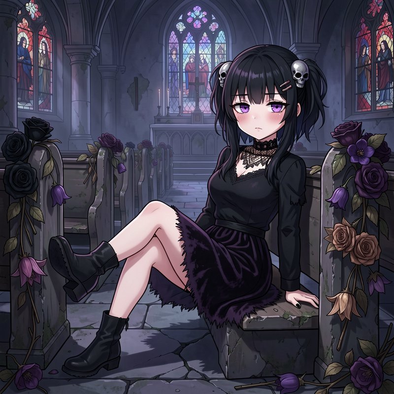 Goth anime girl with purple eyes sits on a pew inside an abandoned gothic church