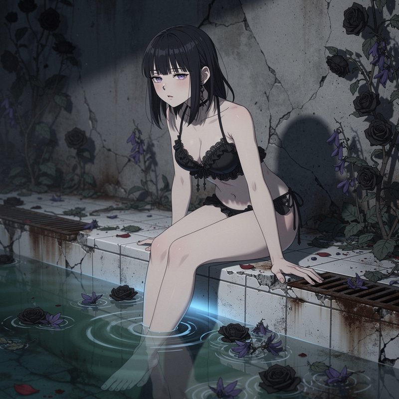 Pale black-haired anime girl in lace lingerie sits on a decaying pool edge with feet submerged in rippling water