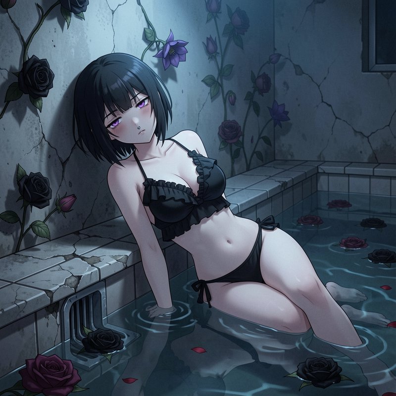 Pale anime girl with short black hair and purple eyes relaxes in a rose-filled cracked concrete bath in a black ruffled