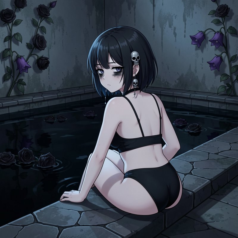 Goth anime girl with skull accessories sits on the edge of a dark rose-filled indoor pool looking over her shoulder