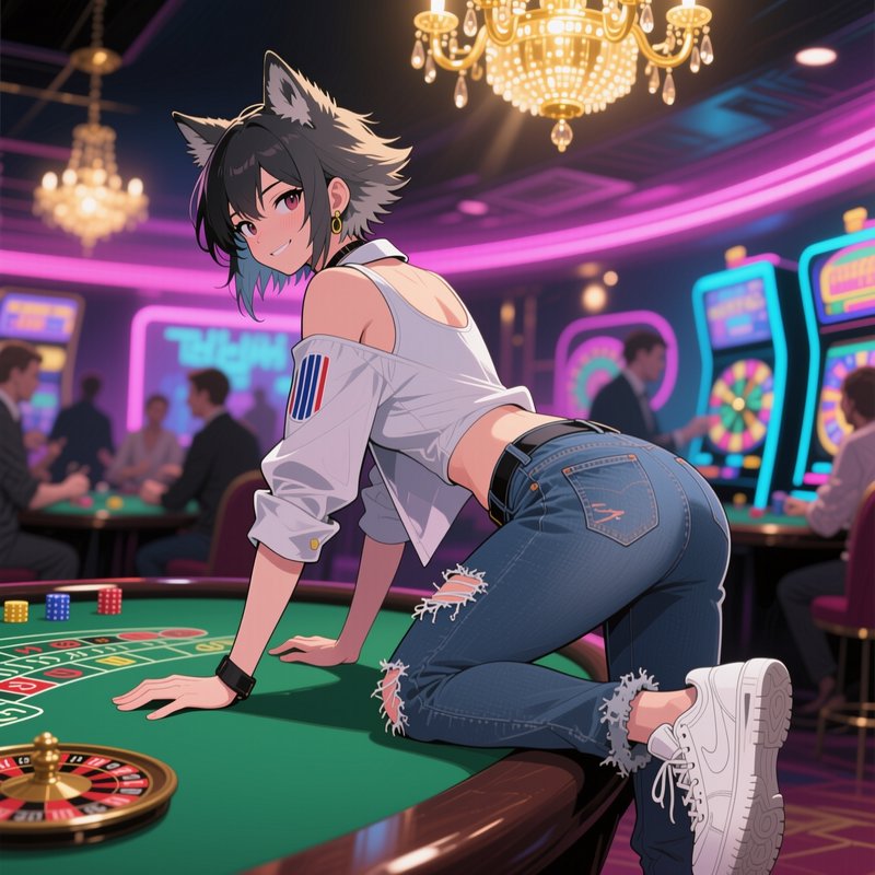 Playful anime kemonomimi wolf girl kneels on a roulette table inside a glowing neon casino