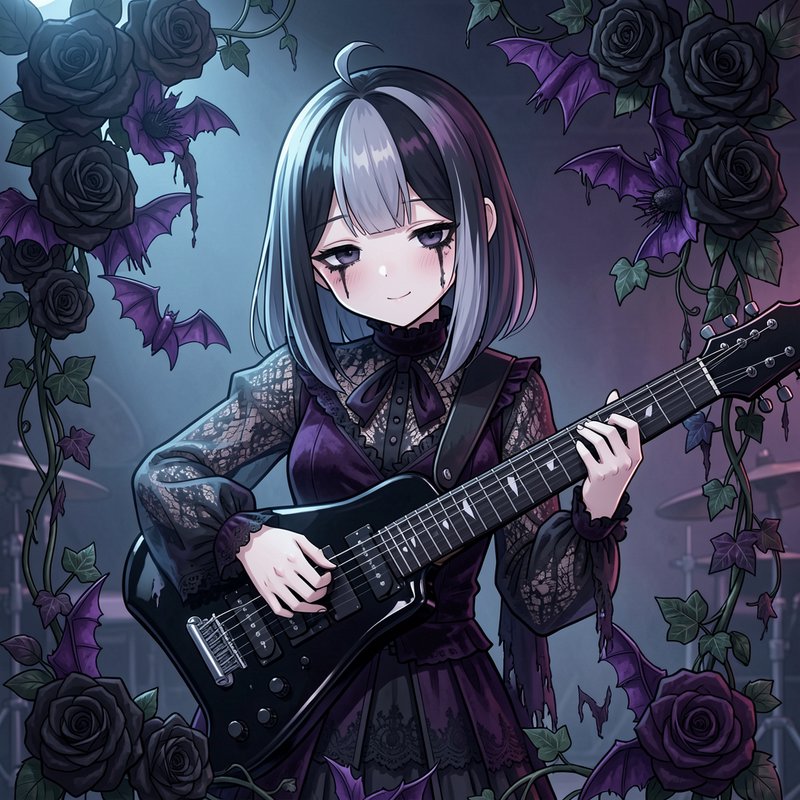 Goth anime girl with streaked hair plays a black electric guitar, framed by dark roses and bat wi...