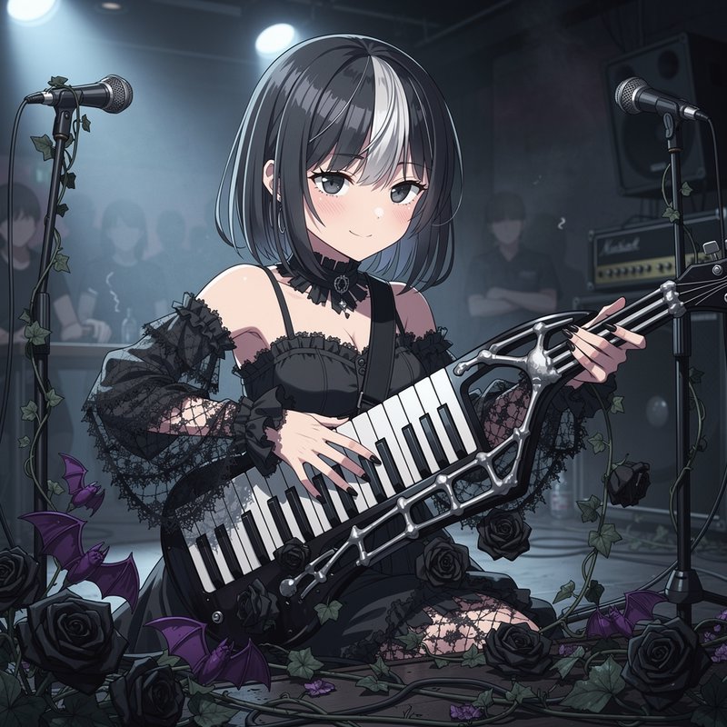 Goth anime girl playing a skeletal keytar on a dim concert stage surrounded by black roses