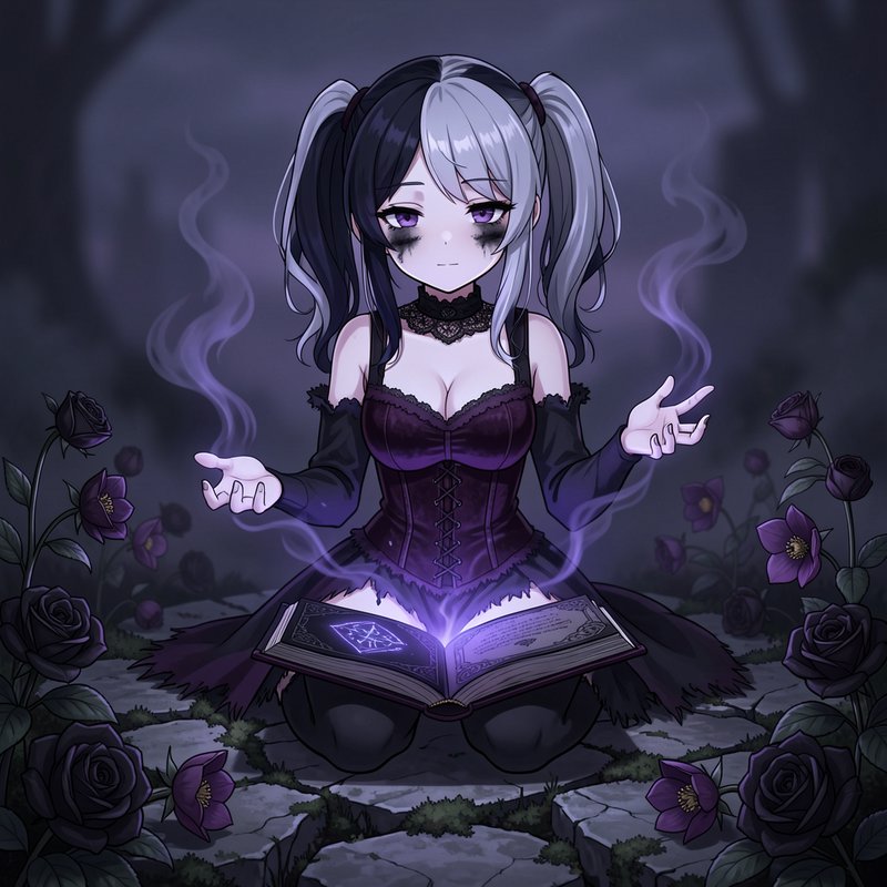 Goth anime girl with split two-tone pigtails casts purple magic from a glowing spellbook surrounded by black roses