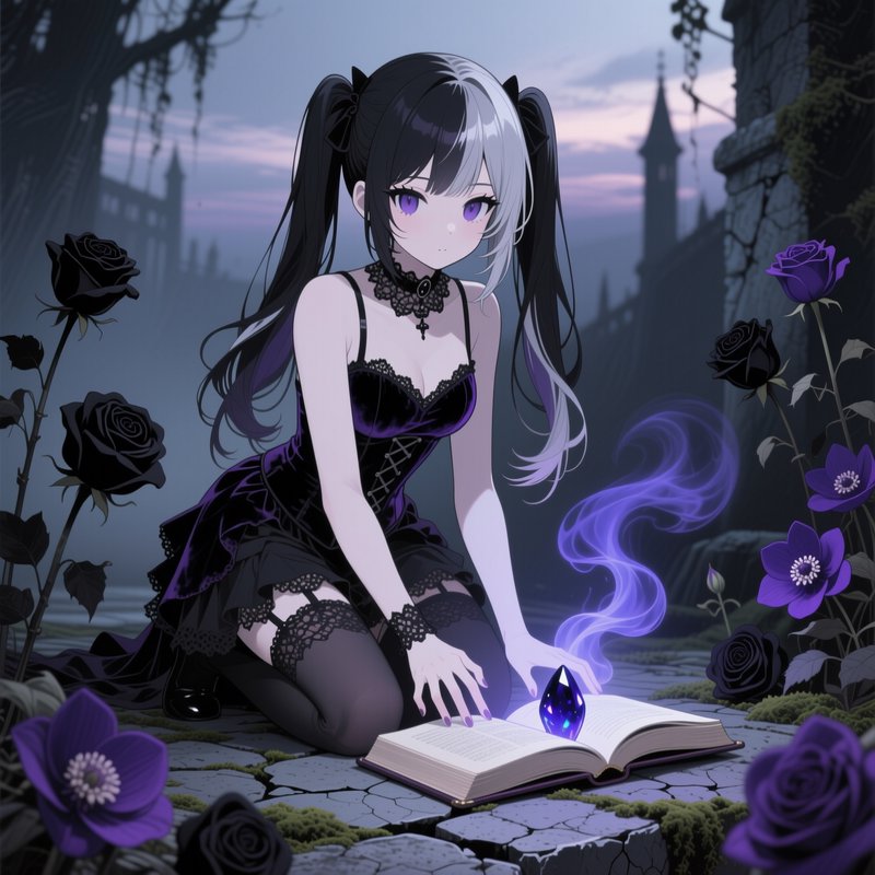 Gothic anime girl with two-tone twin tails kneels by a glowing spell book in a misty castle garden