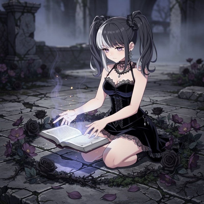 Gothic anime girl kneels casting magic from a glowing spellbook in misty overgrown ruins