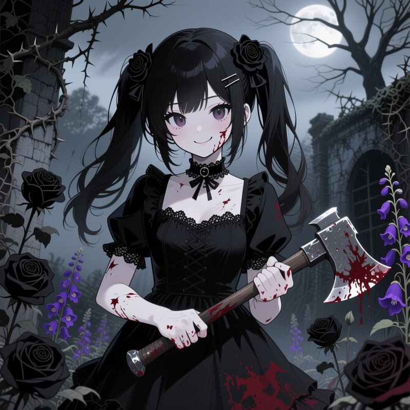 Gothic twin tailed anime girl holds a bloodied axe in a moonlit overgrown abandoned ruin