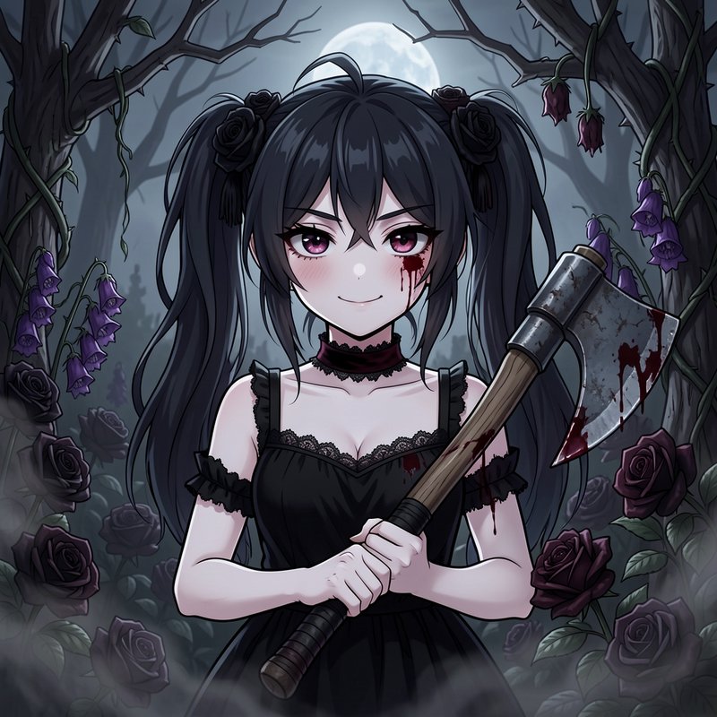 Gothic twin tailed anime girl holds a bloodied axe in a misty moonlit dark rose forest