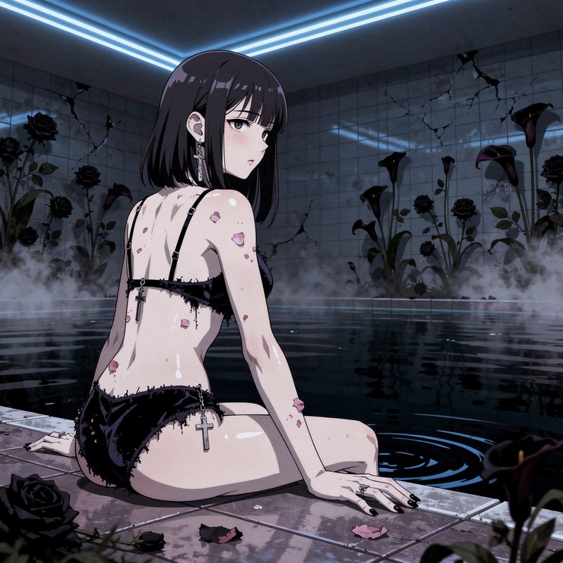 Gothic anime girl sits on the edge of a misty indoor pool surrounded by dark blooming flowers
