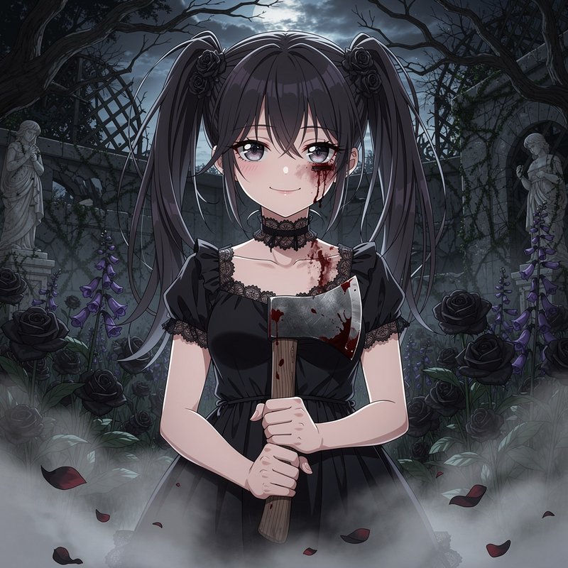 Yandere anime girl holding a bloodstained axe in a foggy moonlit abandoned garden