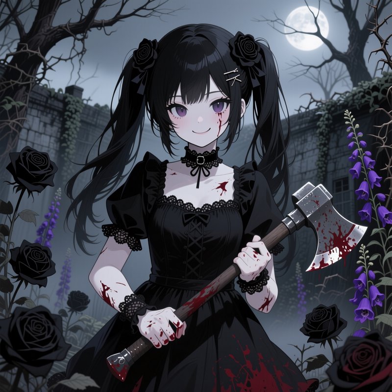 Unsettling gothic anime yandere girl holding a bloodied axe stands under a full moon in an overgrown garden