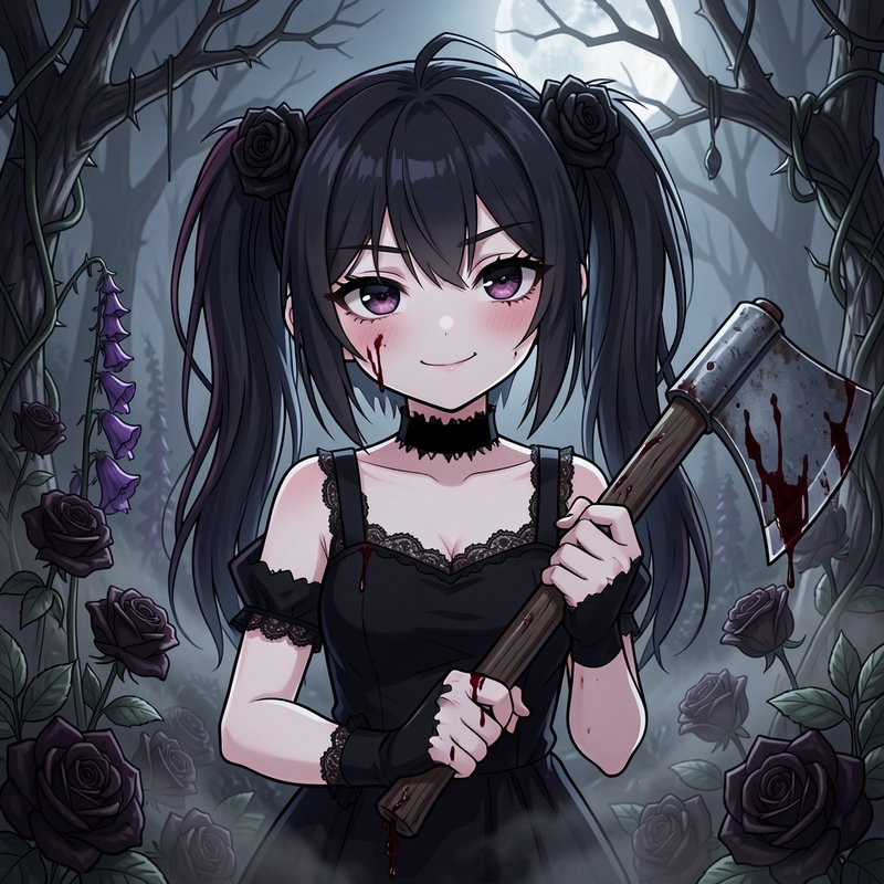 Gothic anime girl with black twin pigtails holds a bloodied axe in a misty moonlit forest