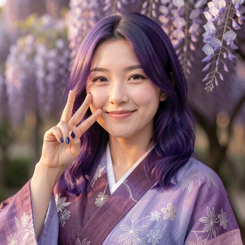 Smiling woman with purple hair in a floral kimono holds up a peace sign beneath blooming wisteria