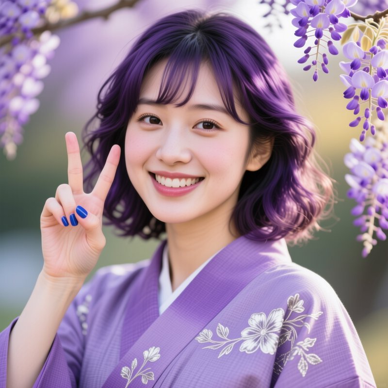 Smiling young woman with purple hair makes a peace sign beneath blooming wisteria branches