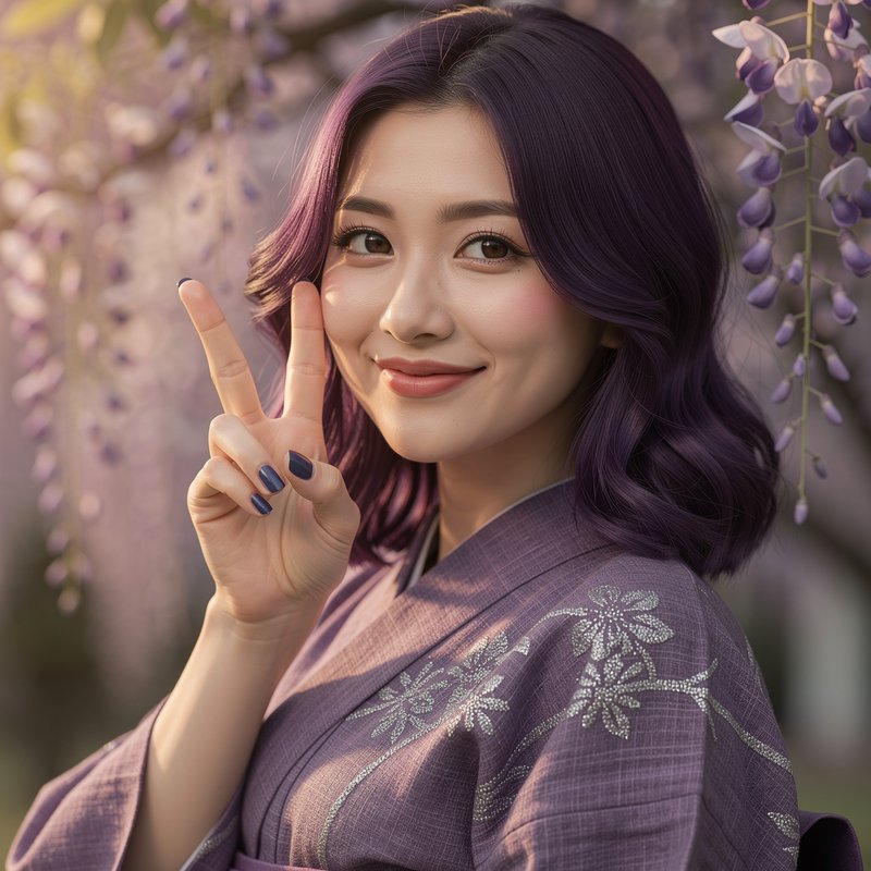 Smiling woman with wavy purple hair in an embroidered kimono holds up a peace sign beneath bloomi...