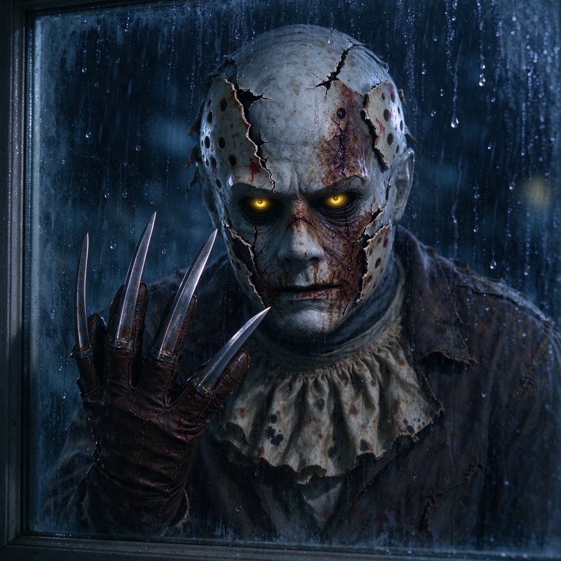 Unsettling cracked horror monster with glowing yellow eyes and metal claws looms behind a rainy window