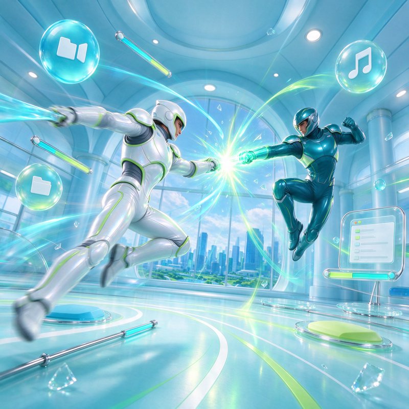Two futuristic armored fighters clash with glowing energy in a bright virtual tech room overlooking a city