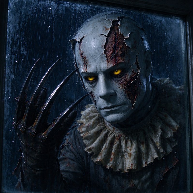 Menacing cracked horror clown with metal claws stares through a rain streaked window