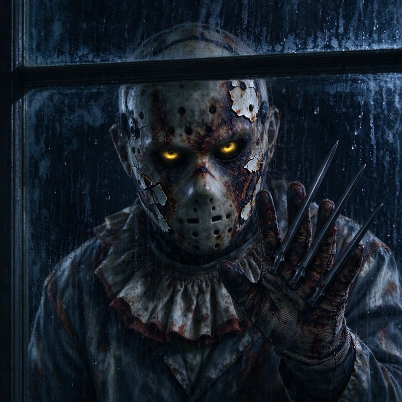 Cracked masked slasher with glowing yellow eyes and clawed hand presses against a rainy fogged window