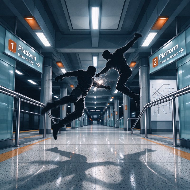 Two silhouetted figures mid-leap clash with sparks between them inside a sleek empty subway station