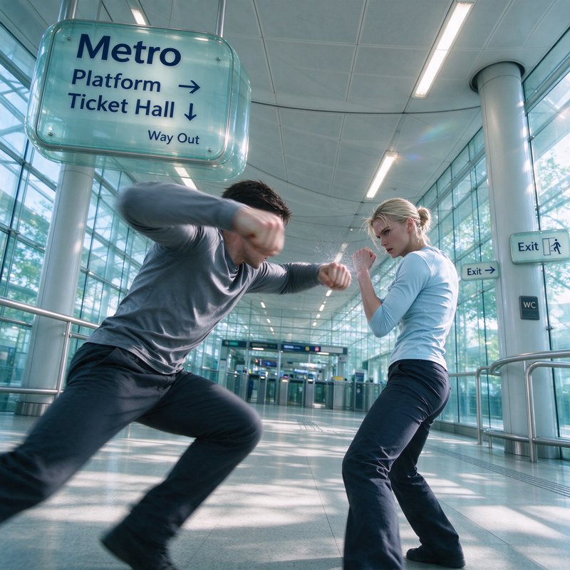 Two people in fighting stances face off inside a bright modern glass metro station corridor