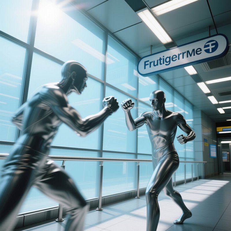 Two polished chrome humanoid figures face off in fighting stances inside a futuristic glass transit corridor