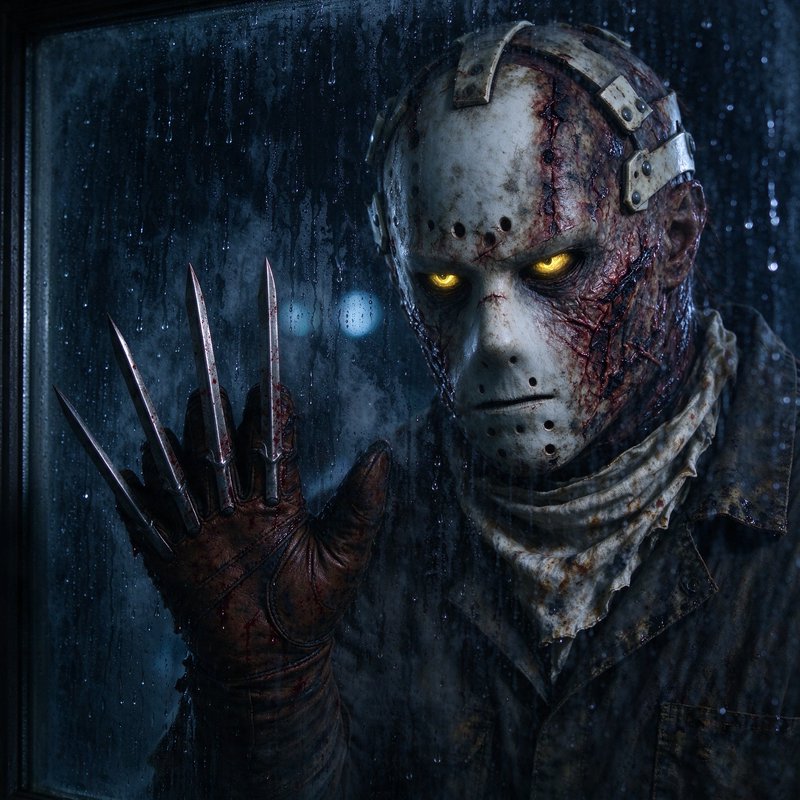 Crossover slasher villain with hockey mask and bladed glove presses against rain streaked glass with glowing yellow eyes