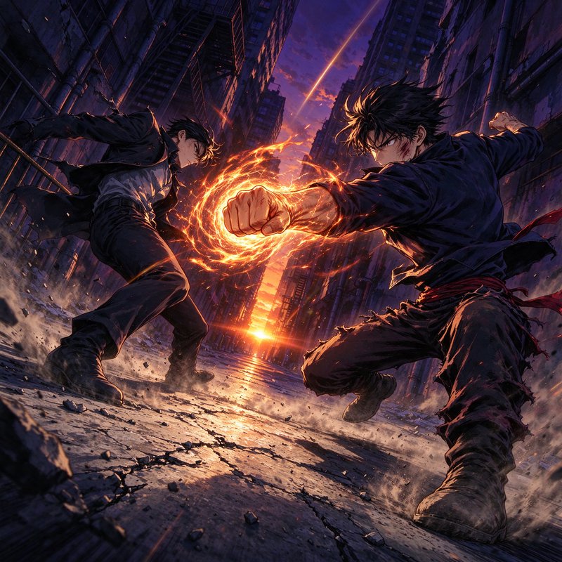 Two anime male fighters clash with fiery punch effects in a ruined city alley at sunset
