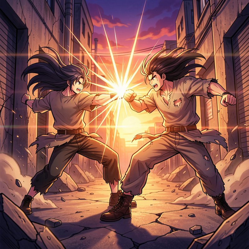 Two anime male fighters clash fists in a ruined urban alley at sunset