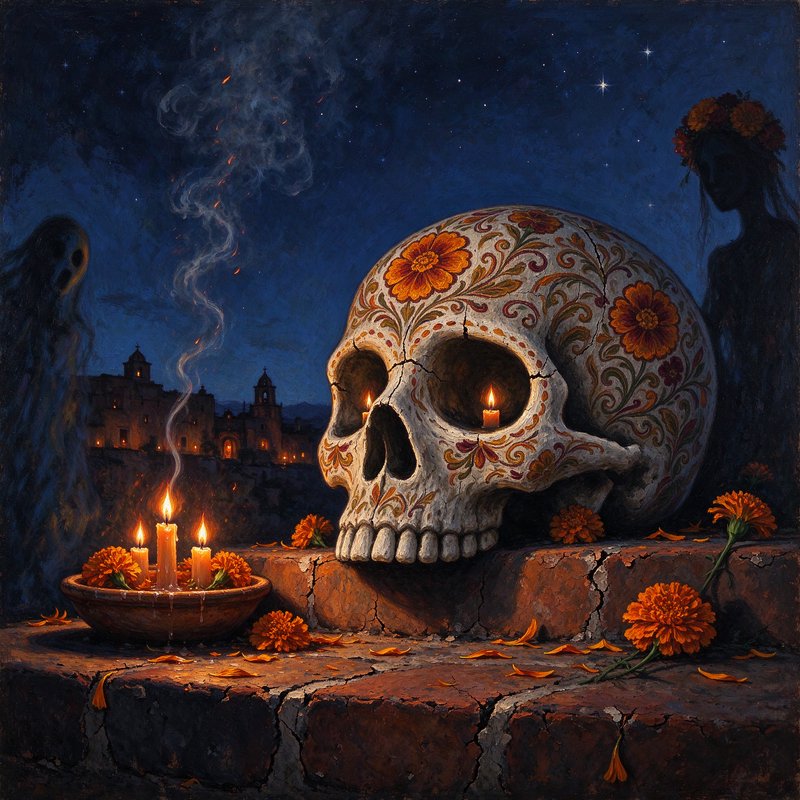 Ornate Day of the Dead sugar skull surrounded by candles, marigolds, and ghostly figures under a ...