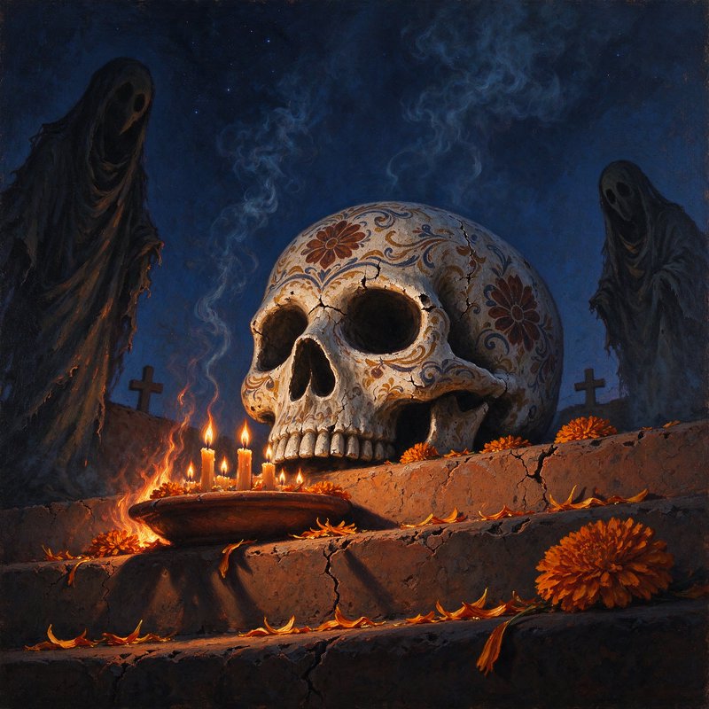 Large ornate decorated sugar skull sits on graveyard steps with candles, marigolds, and ghostly f...