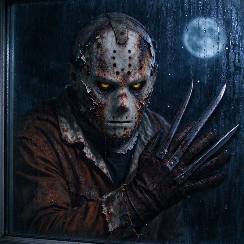Masked slasher villain with bladed glove stands outside a rain streaked window under a full moon