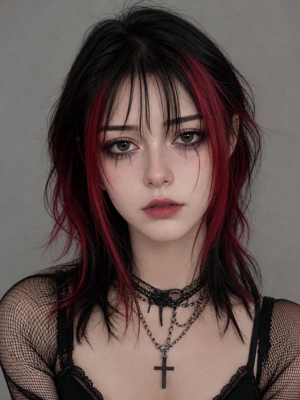 Close-up portrait of a young goth woman with black and red streaked hair, dark tear makeup, and c...