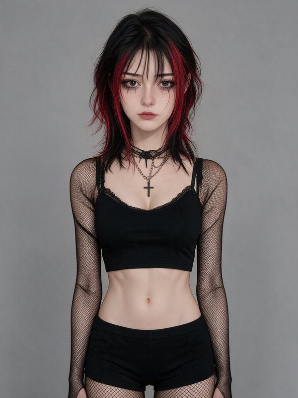 Young goth woman with black red-streaked hair poses in alternative fashion against a plain grey s...