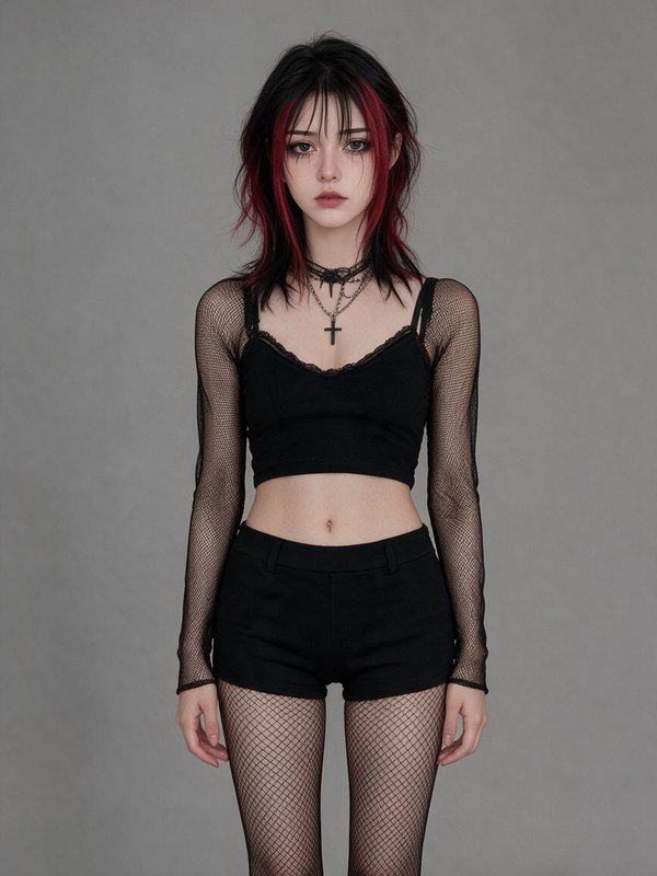 Young alternative goth woman with black and red streaked hair posing in an edgy black outfit agai...