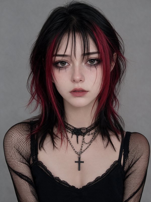 Young woman with black and red streaked goth hair, dark teardrop makeup, and layered cross neckla...