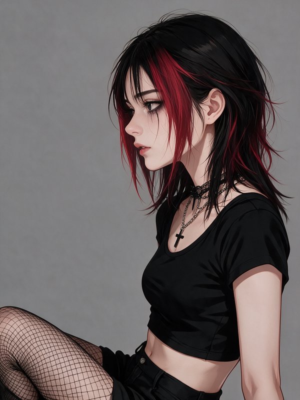Goth style young woman with black and red streaked hair seated in profile against a plain gray ba...