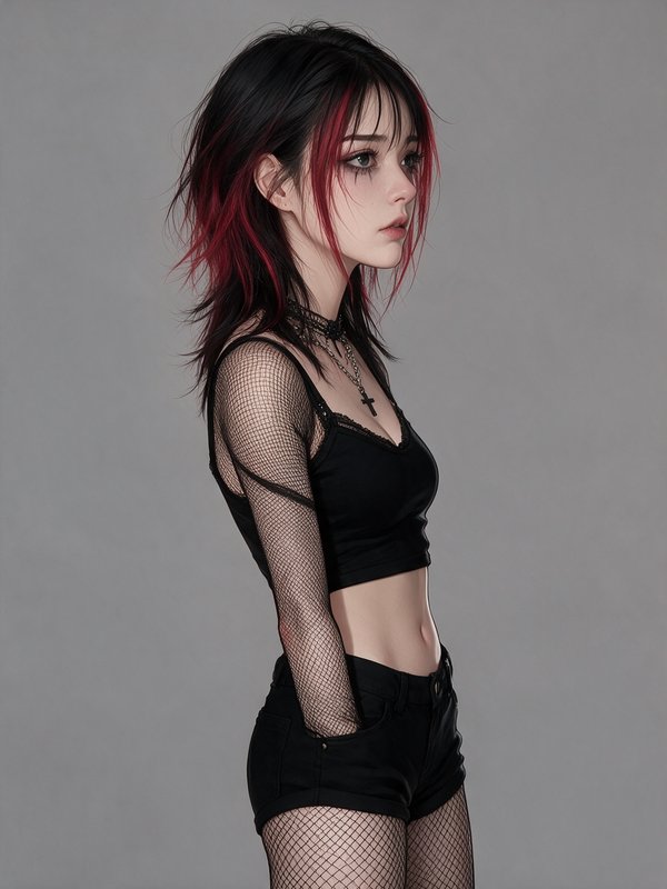 Young goth woman with black and red highlighted hair stands in profile against a plain grey studi...