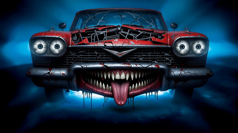 Monstrous anthropomorphic red vintage car with fanged mouth and eye headlights in dark blue fog