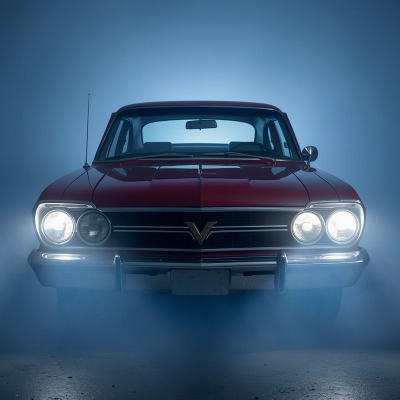 Front-facing shot of a maroon vintage sedan with glowing headlights surrounded by hazy cool blue fog