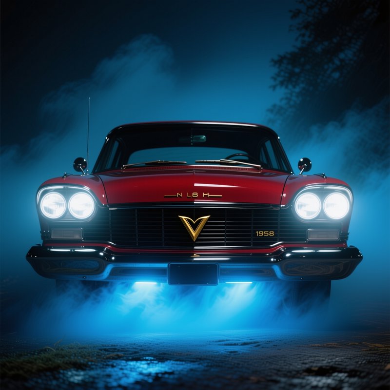Glossy red 1958 vintage classic car with glowing headlights emerging from cool blue night fog
