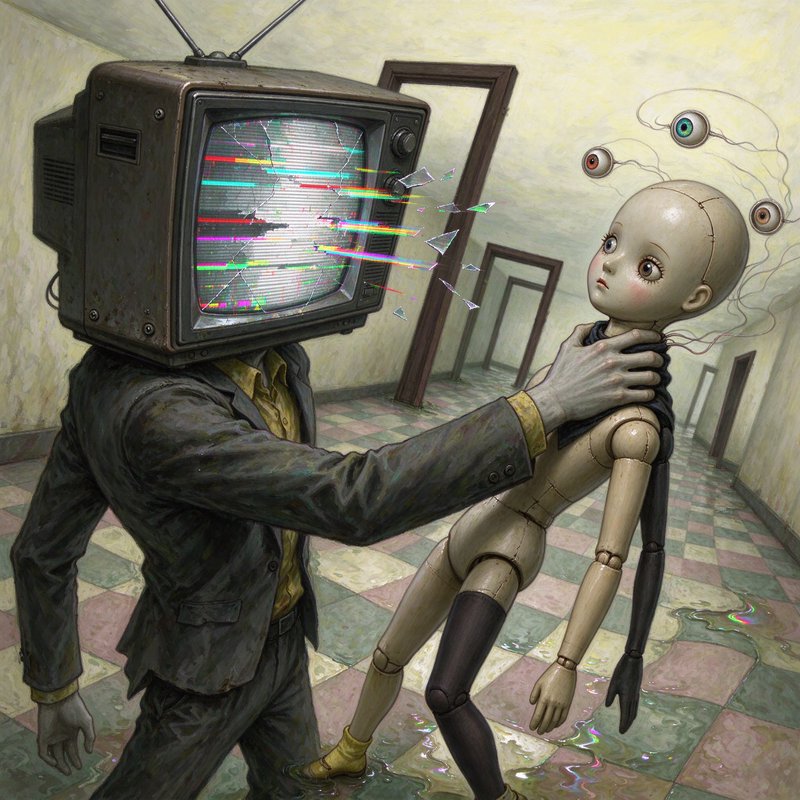 Surreal illustration of a TV-headed figure gripping a jointed doll with floating eyes in a liminal hallway
