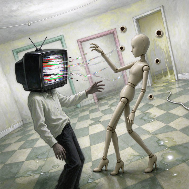 Surreal TV-headed figure exchanges glitch light streams with a jointed wooden mannequin in a limi...