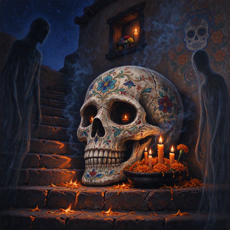 Ornate Day of the Dead sugar skull rests on candlelit stone steps flanked by ghostly spirit figures