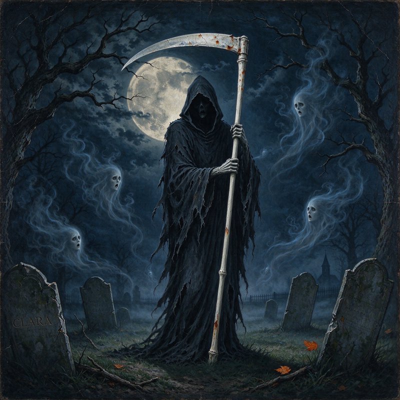 Grim Reaper holding a scythe stands in a misty moonlit graveyard surrounded by floating ghost spirits